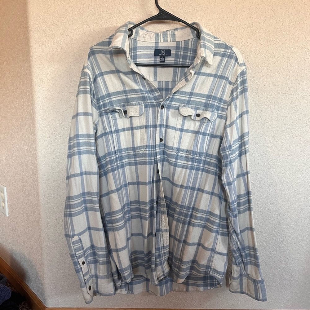 Light Blue and White Plaid Men's Button-Up Shirt